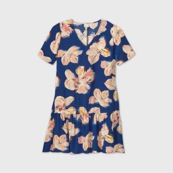 Women's Floral Print Short Sleeve Ruffle Hem Dress - A New Day Blue L Women's Floral Print Short Sleeve Ruffle Hem Dress - A New Day Blue L